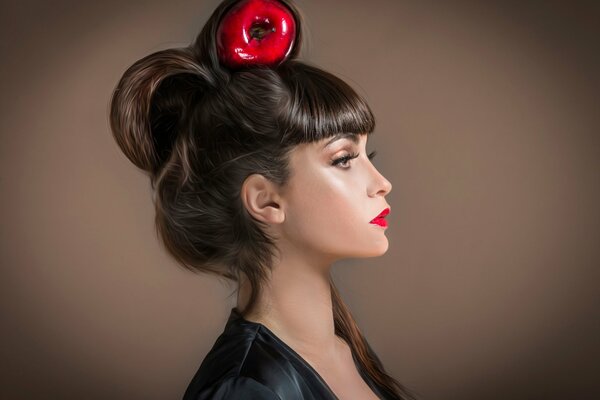 A girl with a red apple in her hairstyle