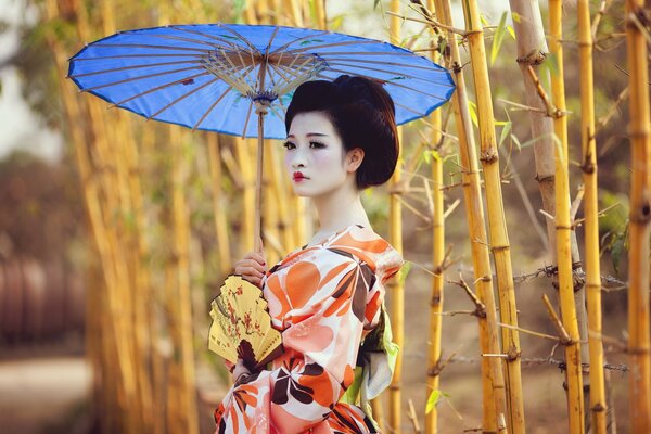 Asian beauty walks with an umbrella