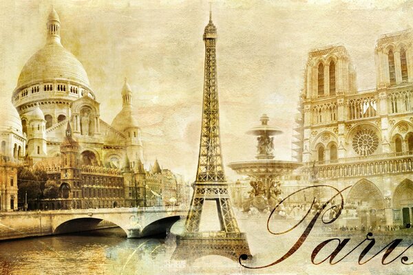 Pocztówka w stylu vintage w stylu paryskim. Wszystkie główne atrakcje stolicy Francji