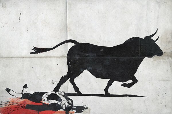 Der Tod eines Matadors und ein schwarzer Stier auf grauem Hintergrund