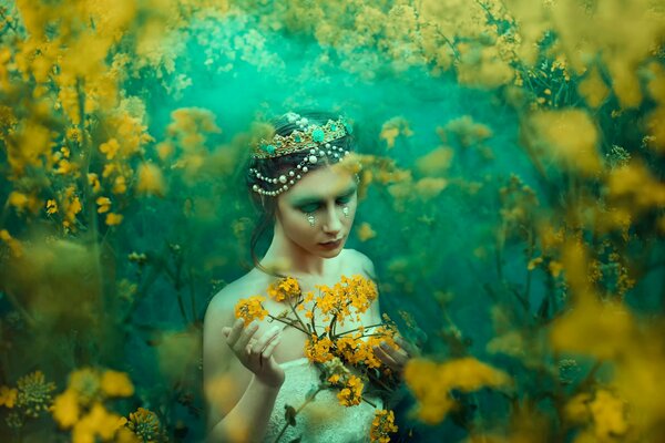 An unusual image of a girl in a rich headdress