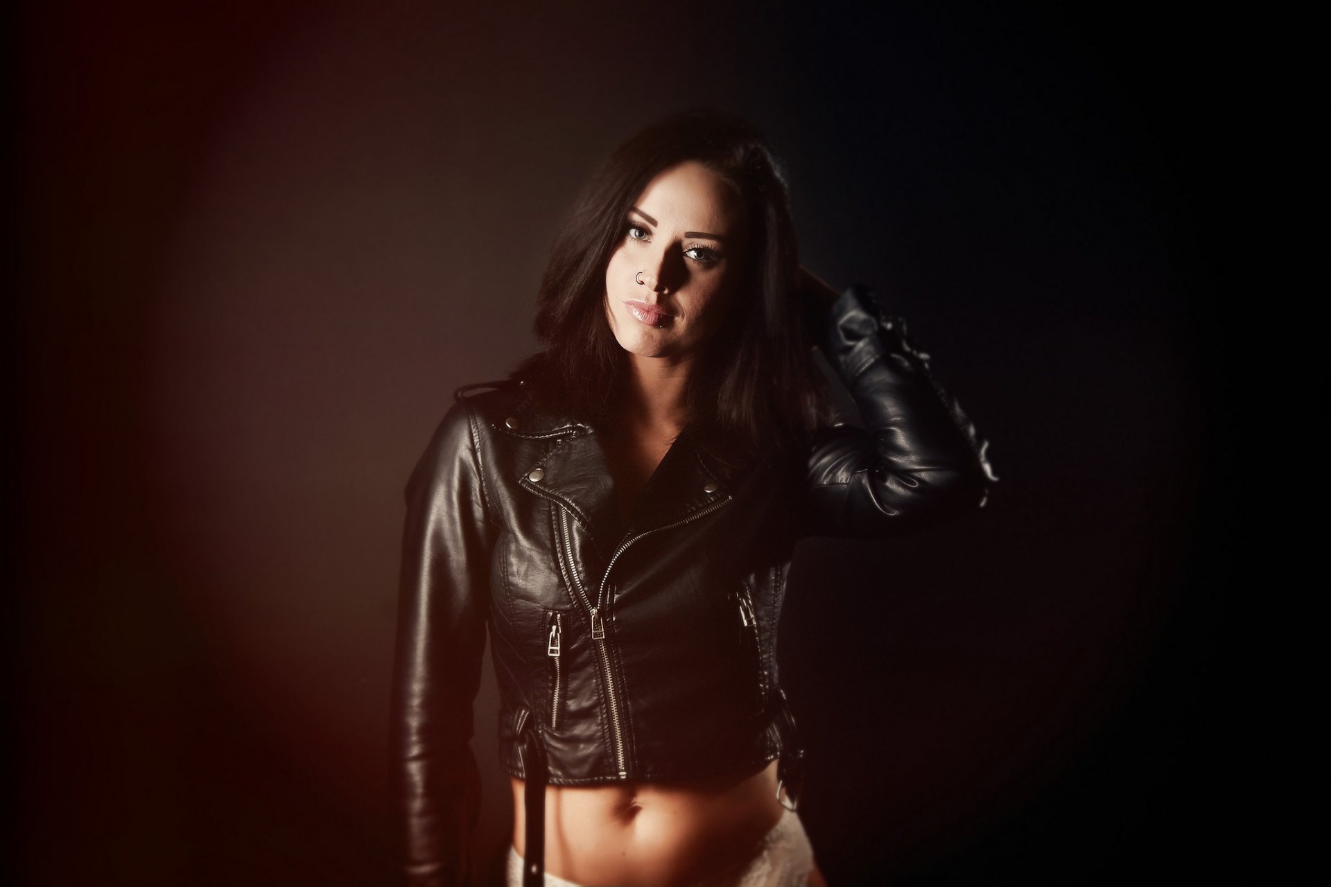 girl view brunette leather jacket background