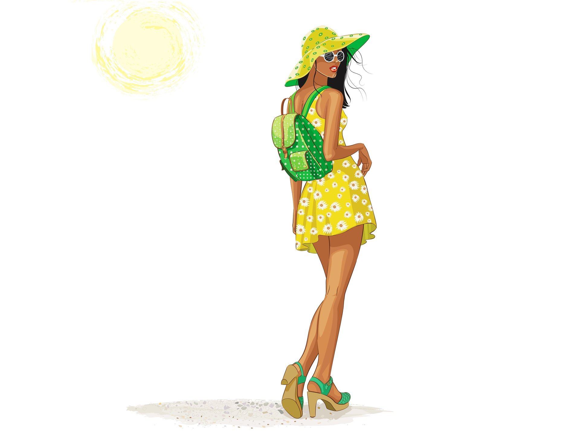 vector chica estilo espalda vestido mochila sombrero gafas verano sol