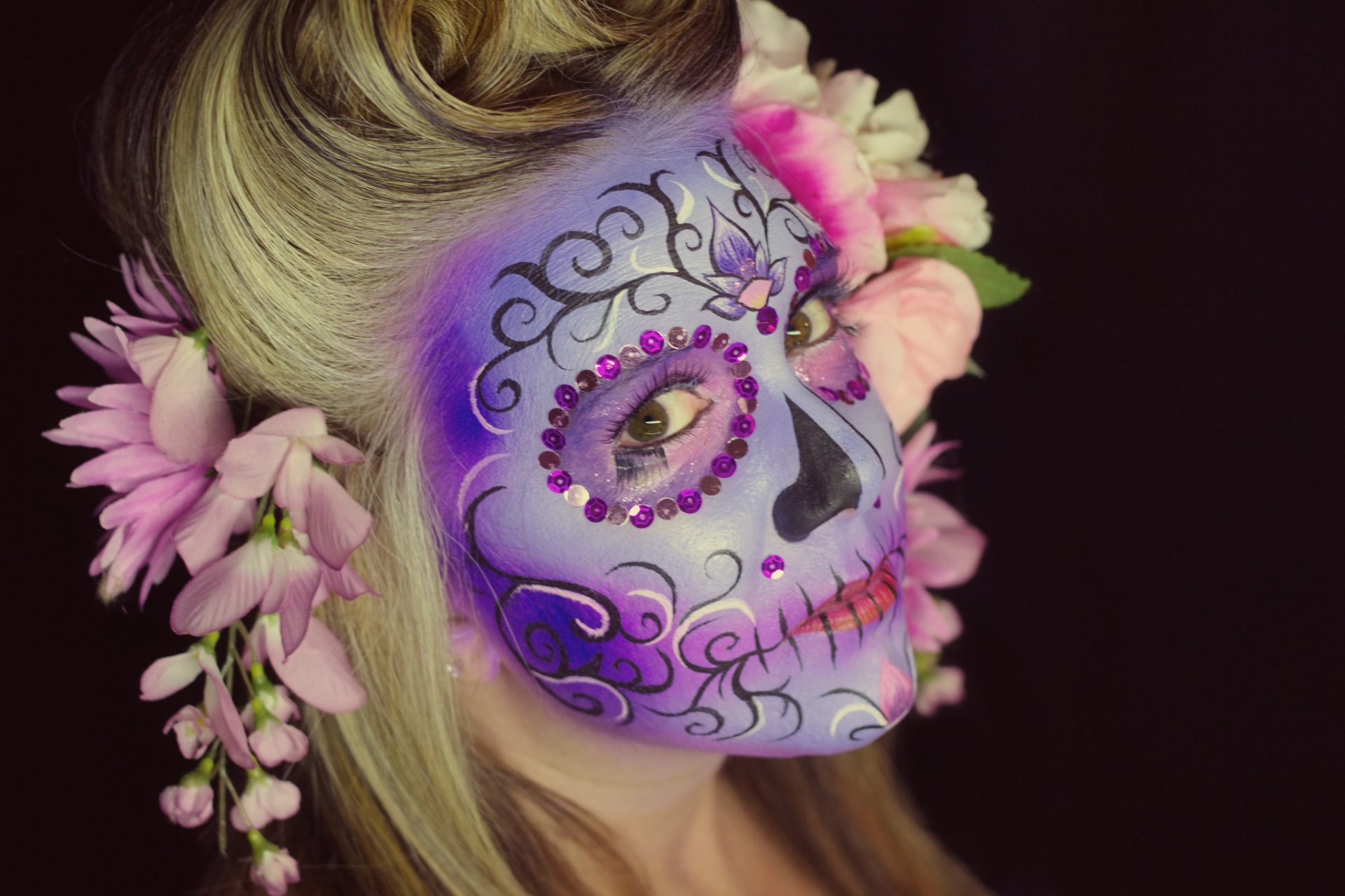 girl view hair dia de los muertos day of the dead face paint flower