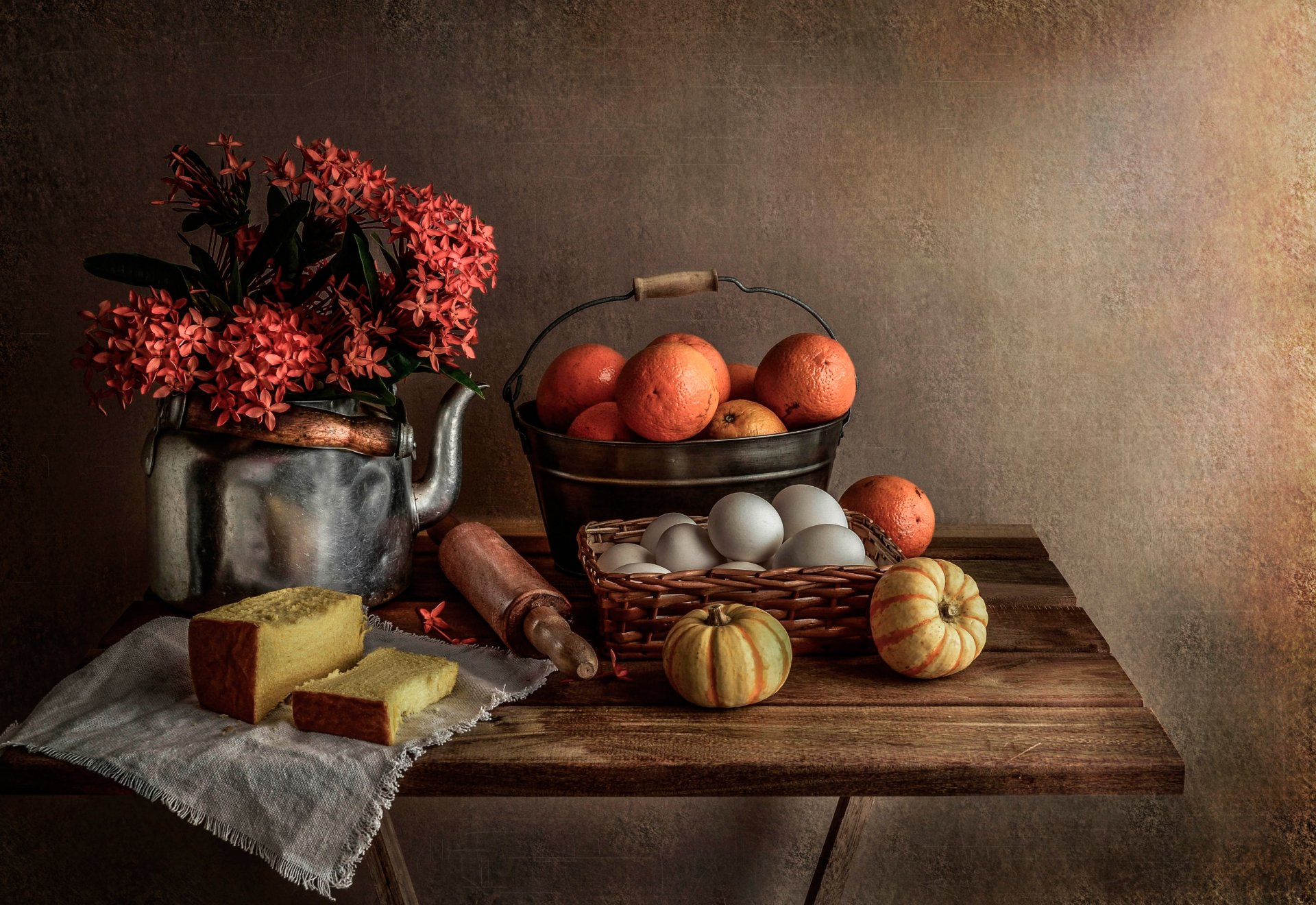 kettle bouquet bread orange eggs pumpkin still life