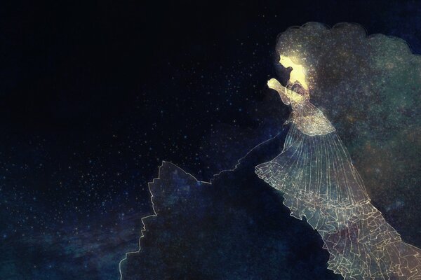 A girl made of stars on a blue sky background