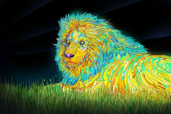 Lion multicolore sur l herbe verte