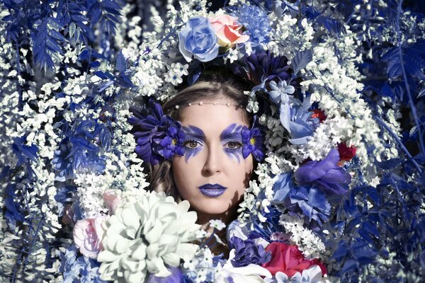 A girl s face on a background of flowers