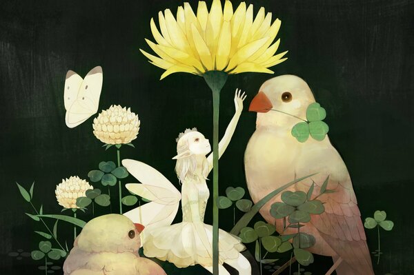 A beautiful fairy sits on a flower and talks to the birds