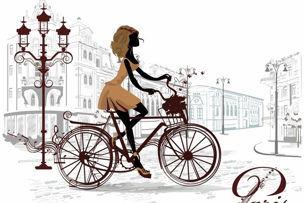 Disegno di una ragazza in sella a una bicicletta in giro per la città