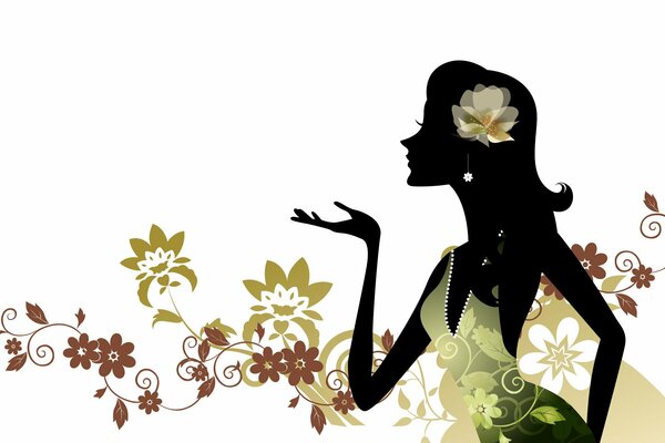 Digitale Kunst. Silhouette eines Mädchens und fantasievollen Blumen