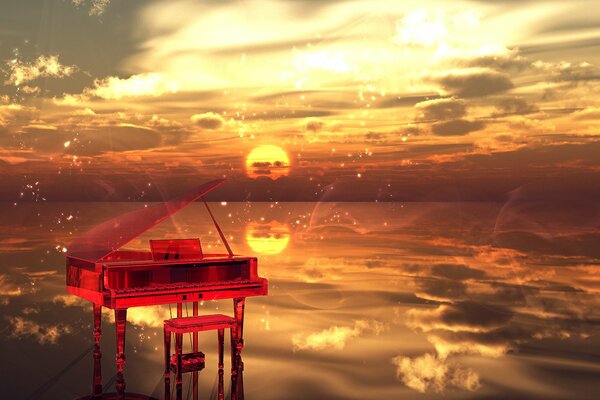 Piano on the background of a sea sunset