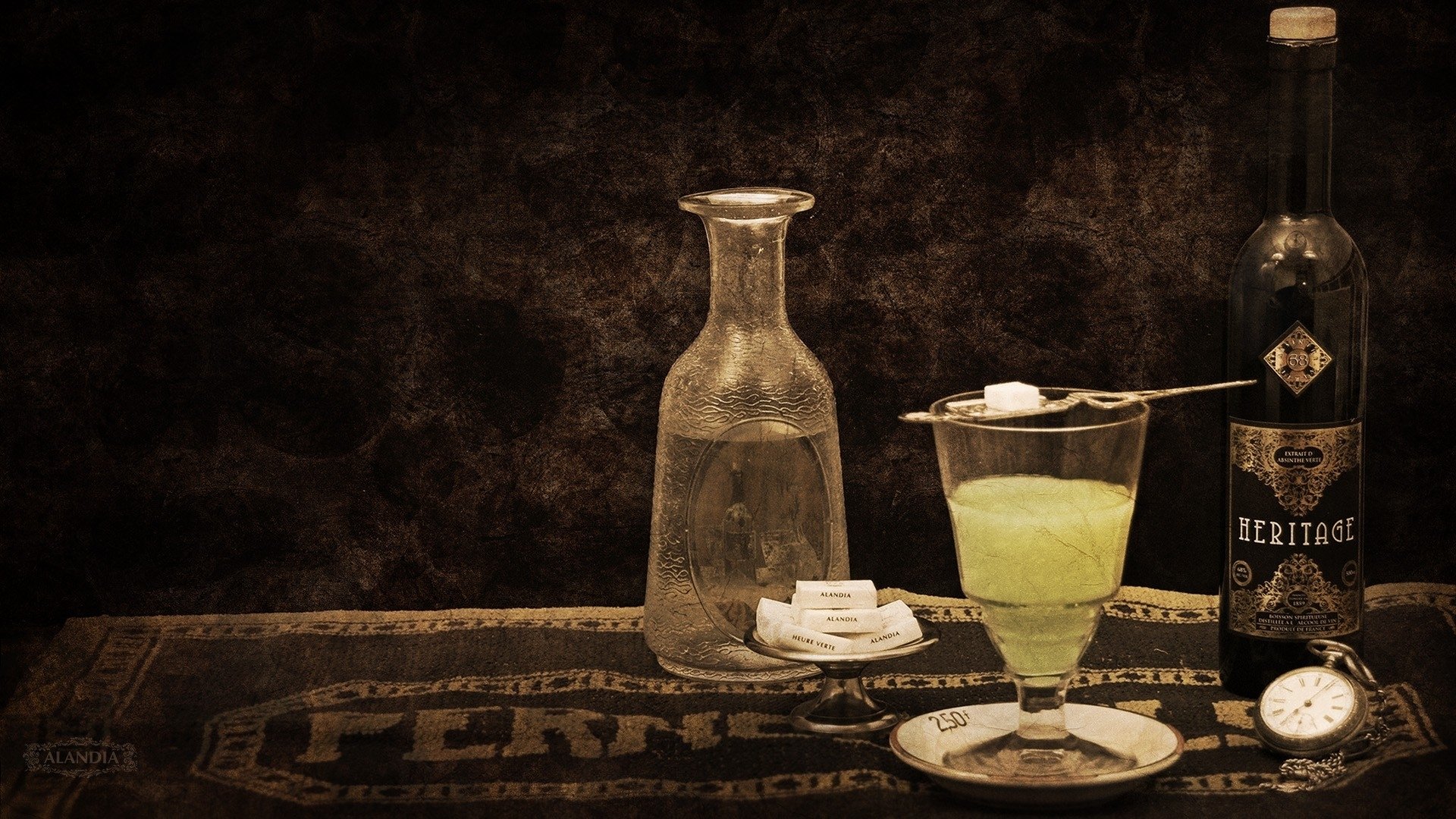 rétro style absinthe alcool sucre verre à vin bouteille papier peint