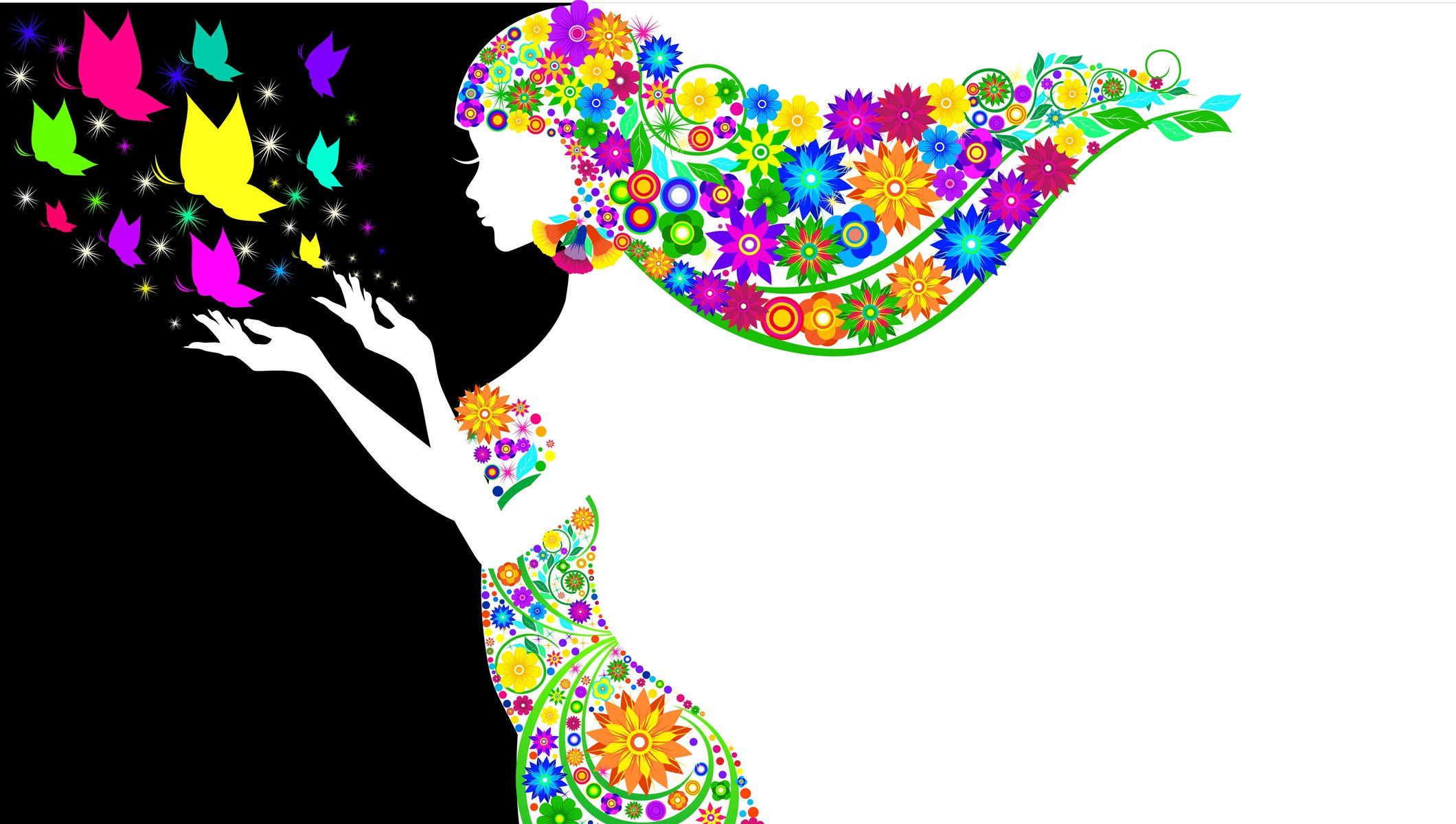 girl silhouette . profile black white hair flower dress hands butterfly