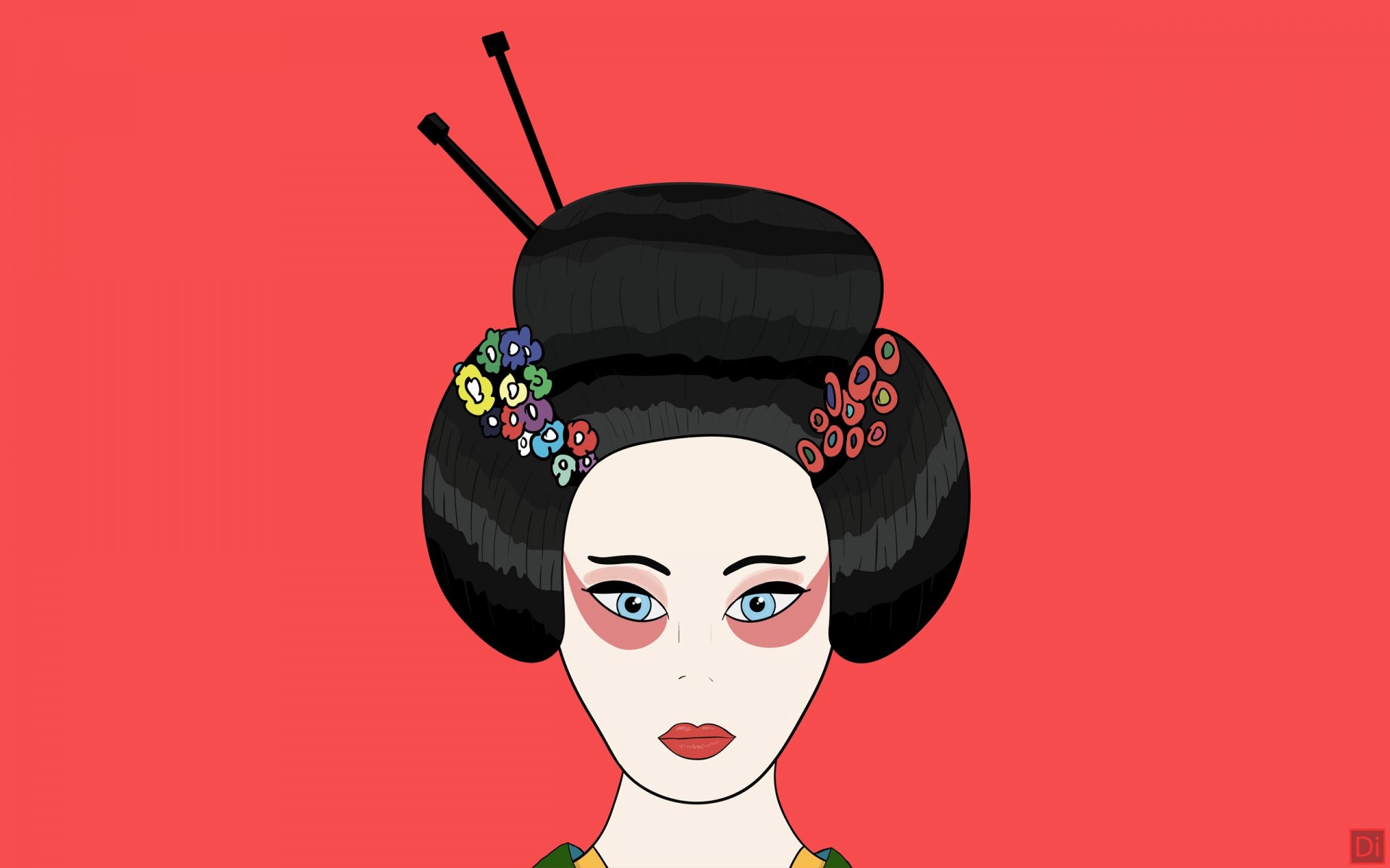 minimalismo geisha di patrón rojo japón pelo flores kimono labios