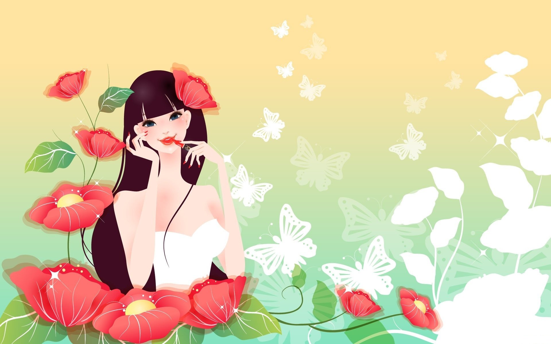 picture girl flower poppies red lipstick butterfly