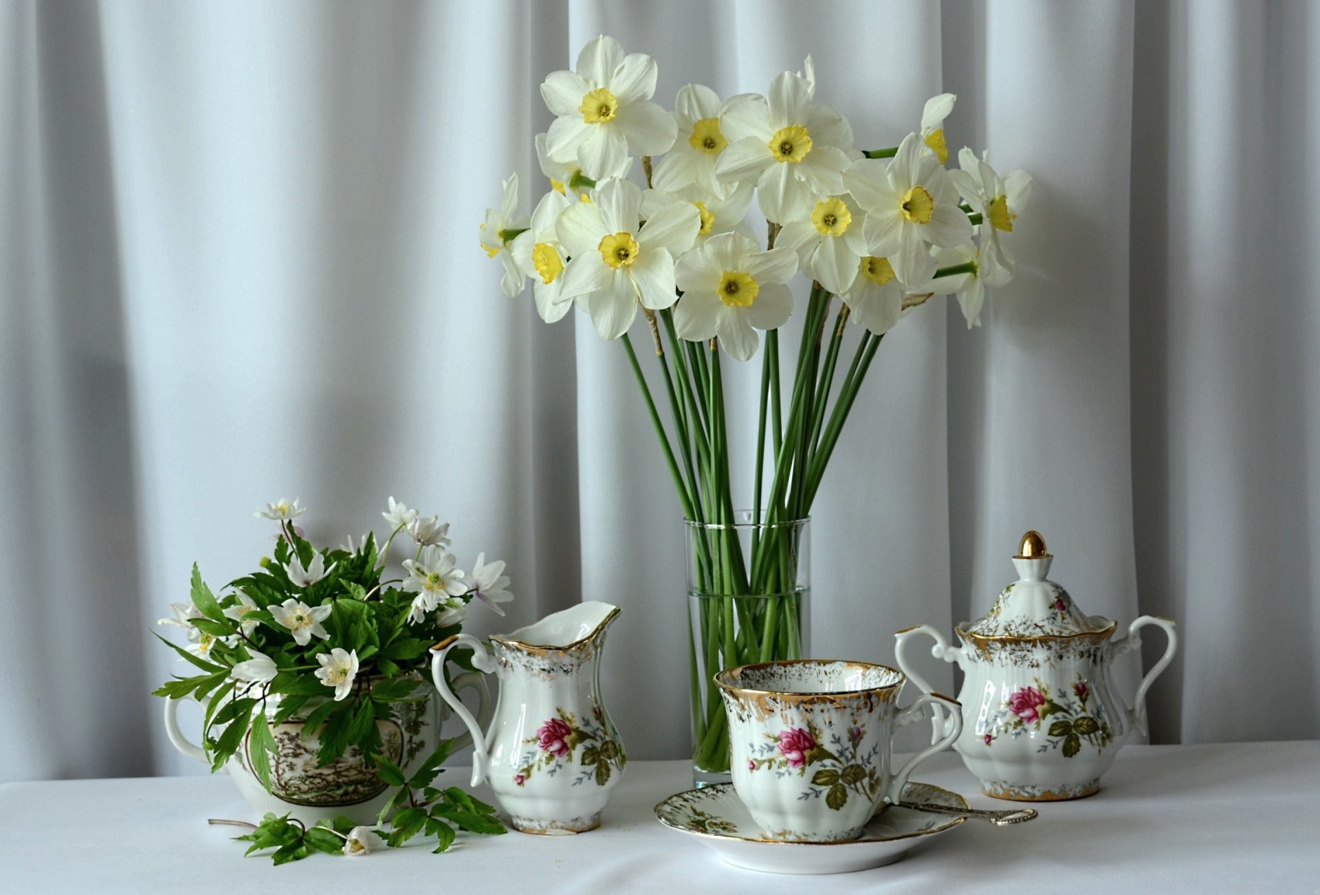 narzissen weiß teeset blumen hintergrund stoff