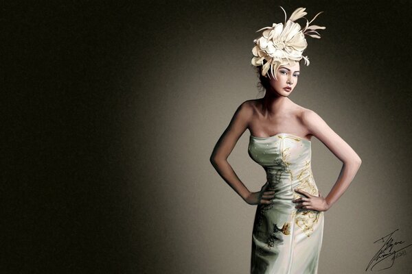 A girl in a floral hat on a dark background