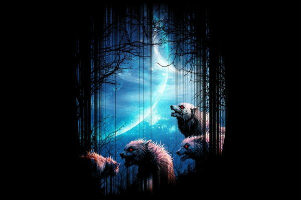 Im Wald heulen Wölfe zum Mond