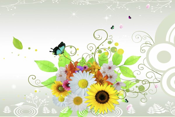 Daisies, sunflowers and butterflies. Photoshop