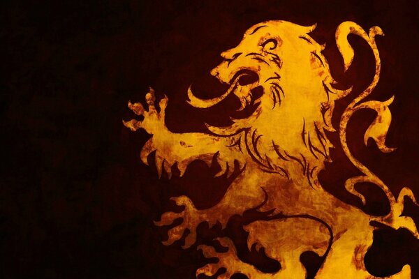 Lion de feu sur fond sombre. emblème
