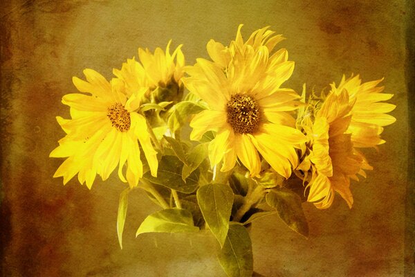 Painted bouquet of decorative sunflowers