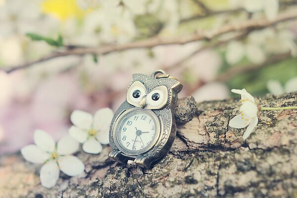 An owl-shaped clock is lying on a log