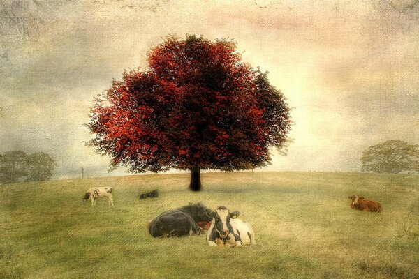Landschaft mit Kühen unter einem Baum