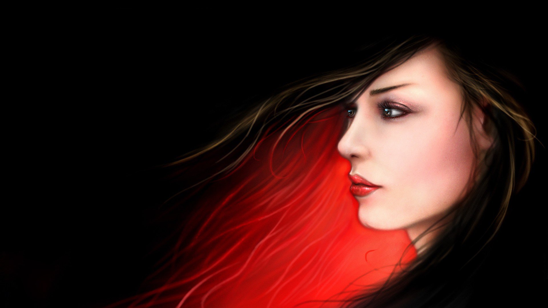 arte disegno ragazza viso profilo sfondo scuro rosso luce