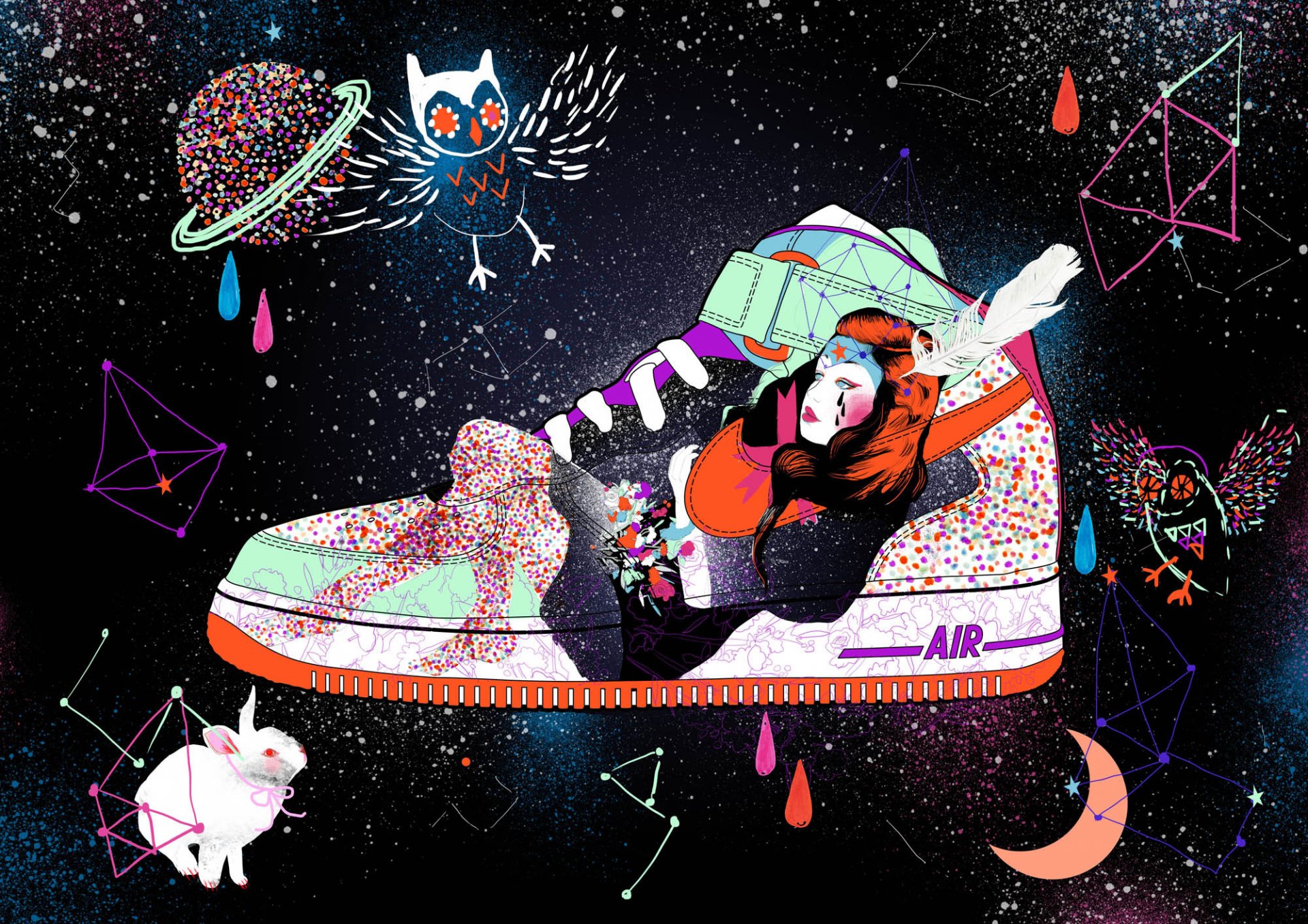 hoes sneakers cosmos girl hare owl constellations paint drop