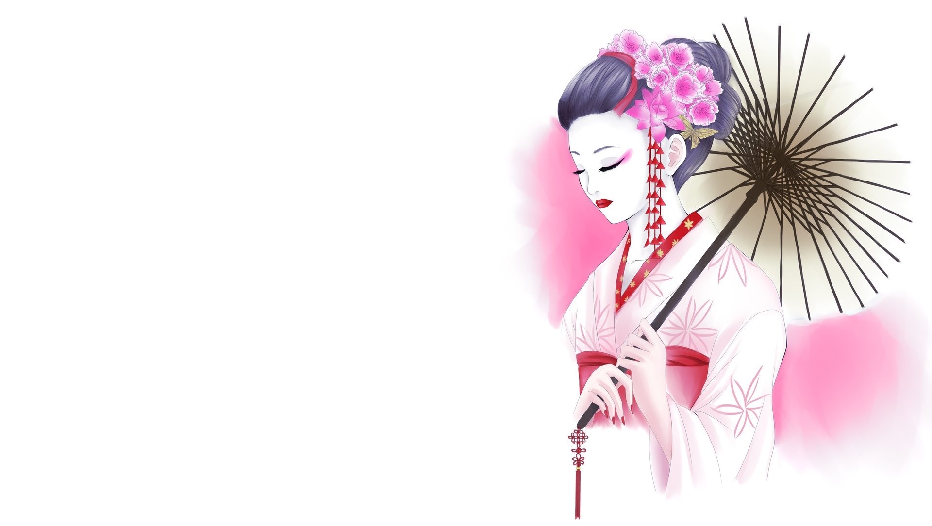 art fille geisha kimono dessin fond blanc fleurs parapluie