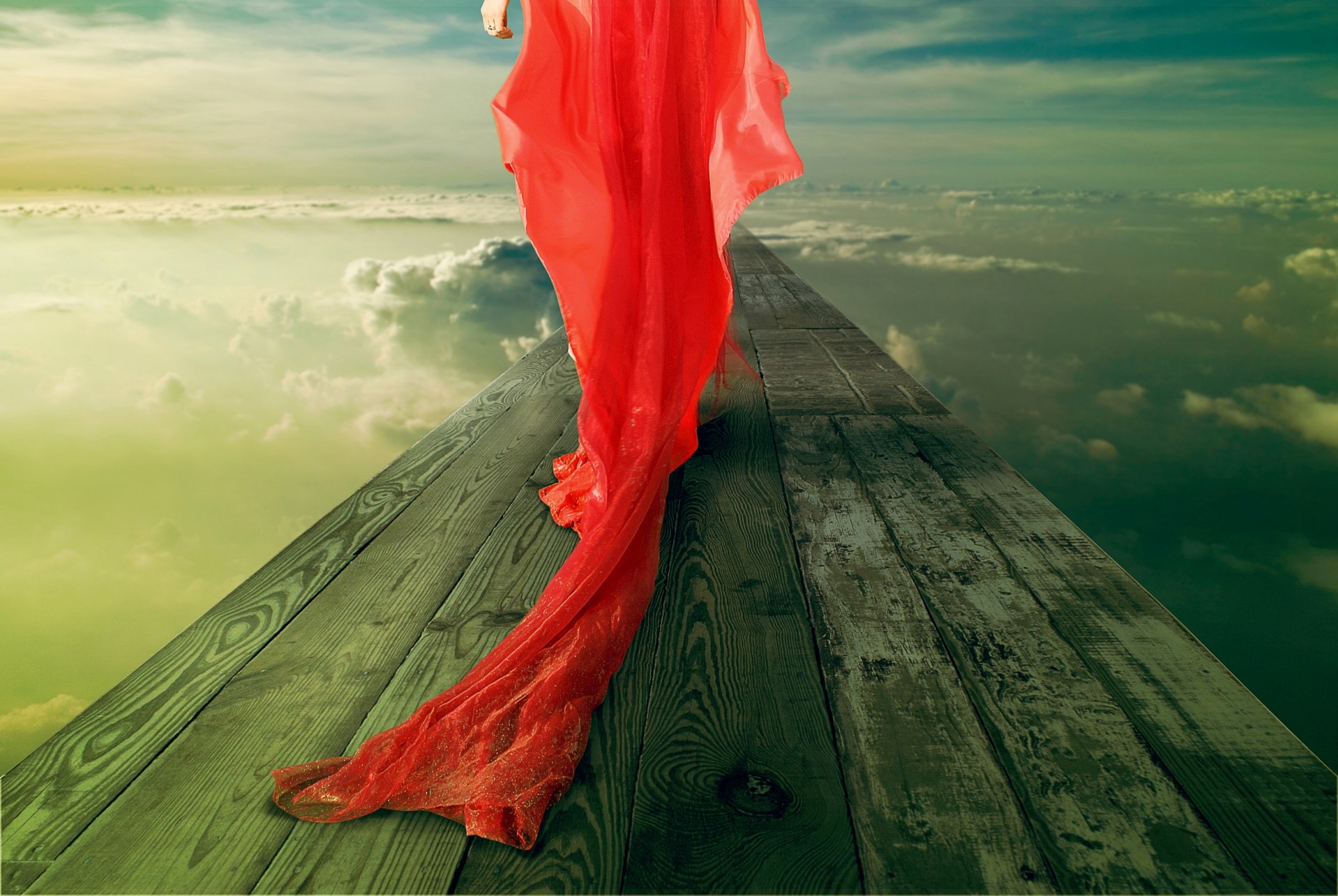 rouge fille en robe rouge train pont ciel nuages anneau