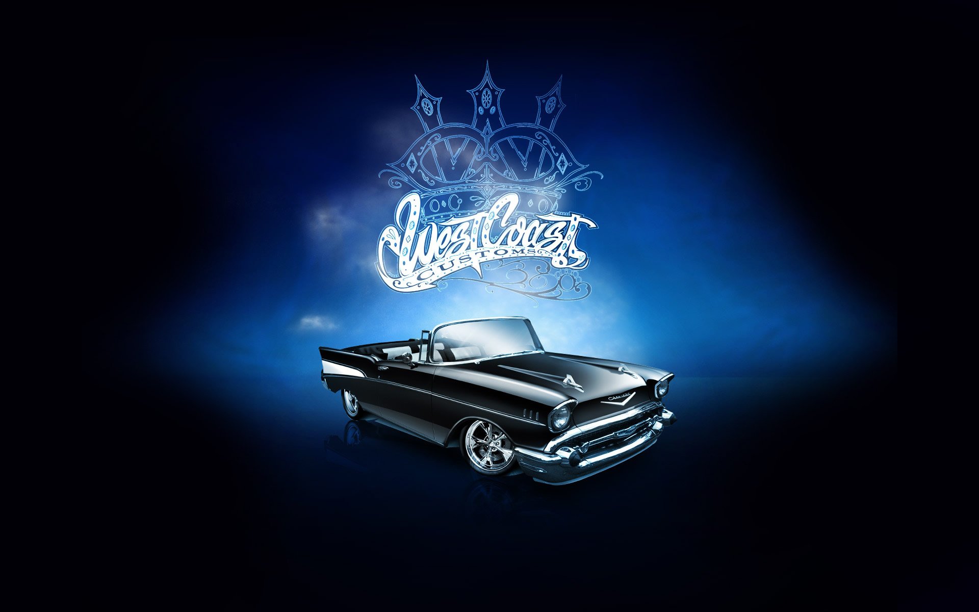 west coast customs wcc west coast kastoms logo emblem inscription tuning machine cadillac convertible front background