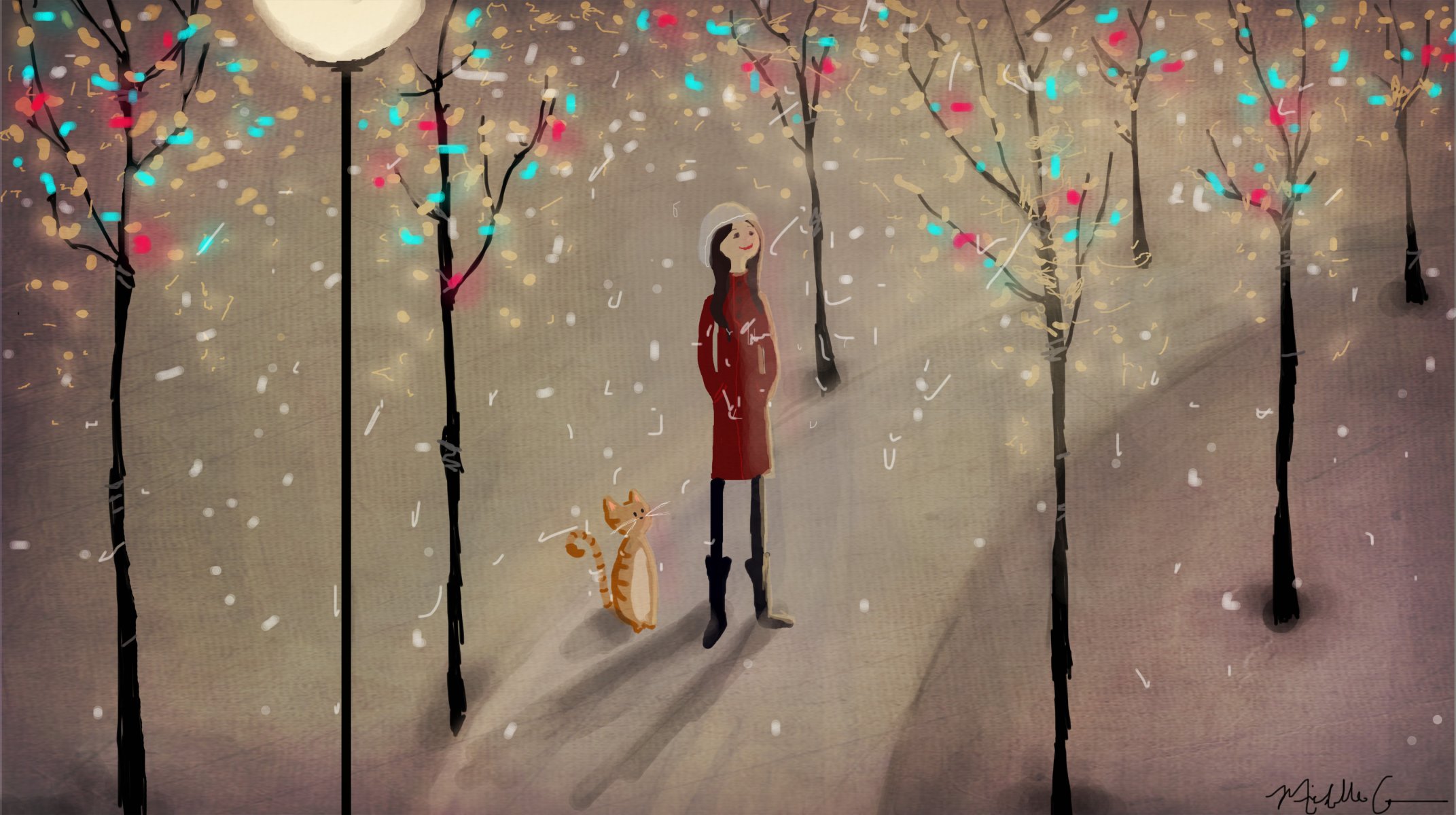 abbildung illustration mädchen katze winter bäume laterne park schnee wanderweg