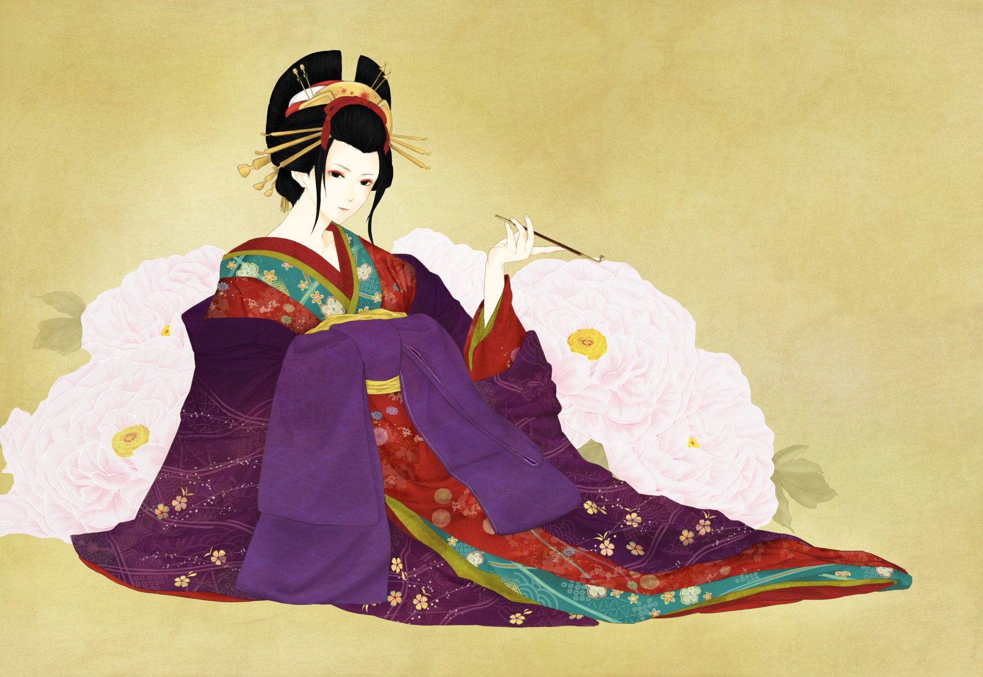 art girl background geisha peonies flower mouthpiece kimono