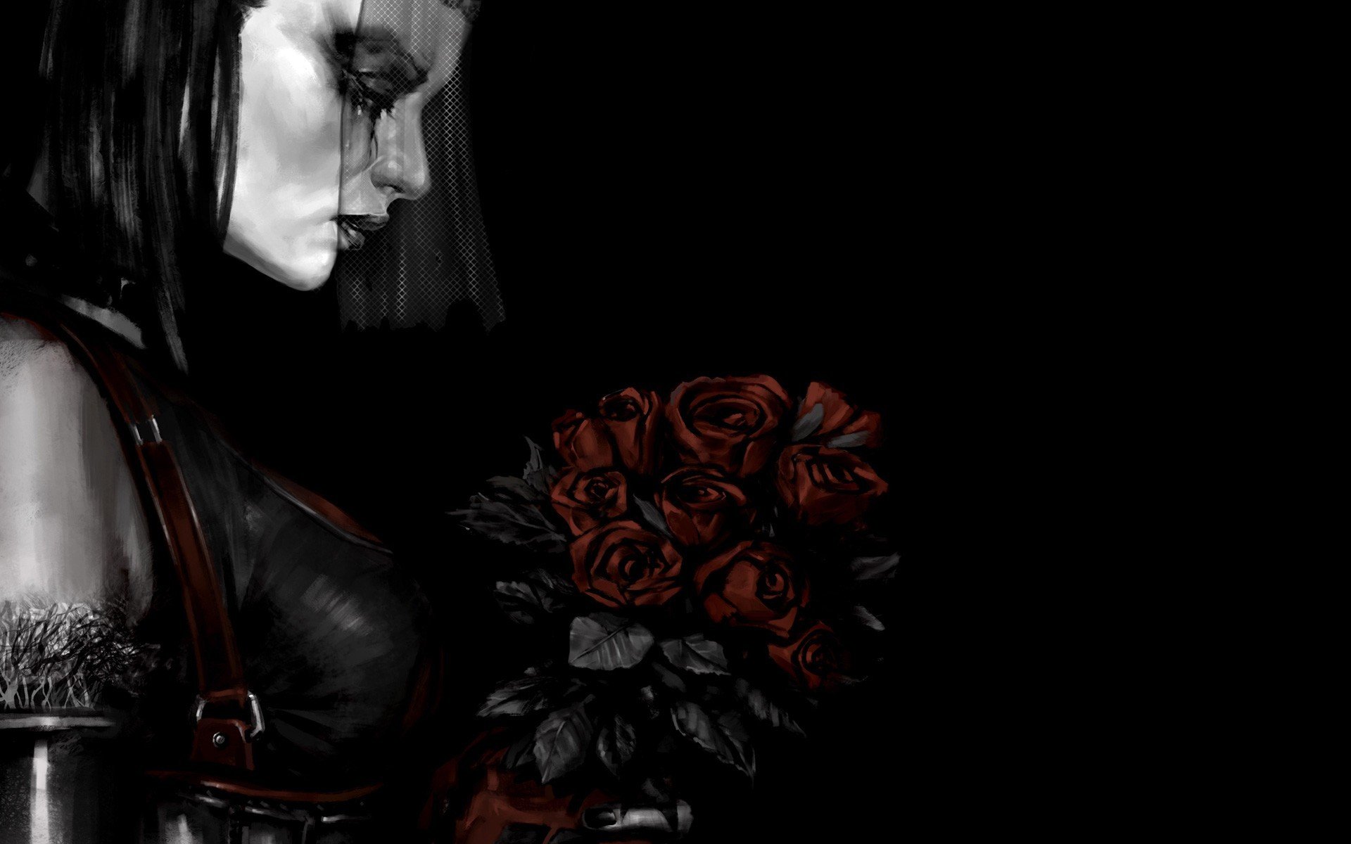 batman arkham city dunkler hintergrund mädchen rosen schleier blumenstrauß tränen düster