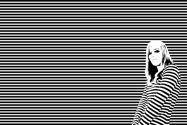 A girl in striped clothes and on a striped background