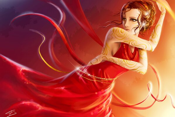 Disegno di una ragazza in un vestito rosso brillante con un modello sulle braccia