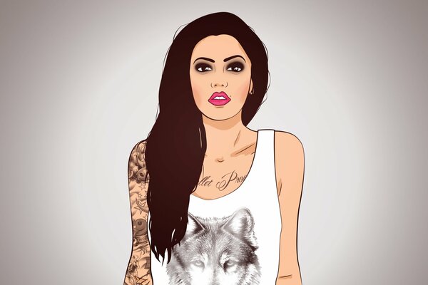 Drawing of a girl with long black hair and a tattoo on her arm