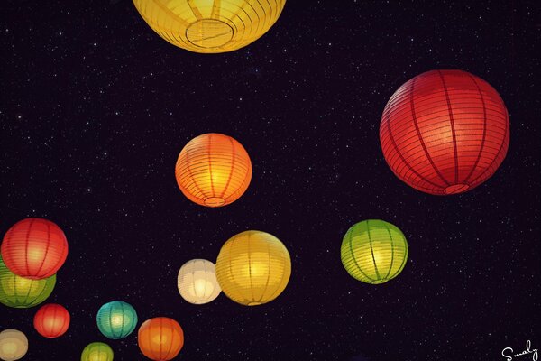 Colorful lanterns in the night sky