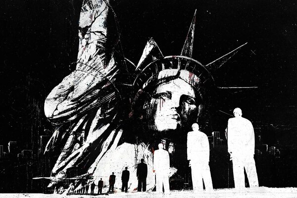 Silhouettes de personnes sur fond de statue de la liberté