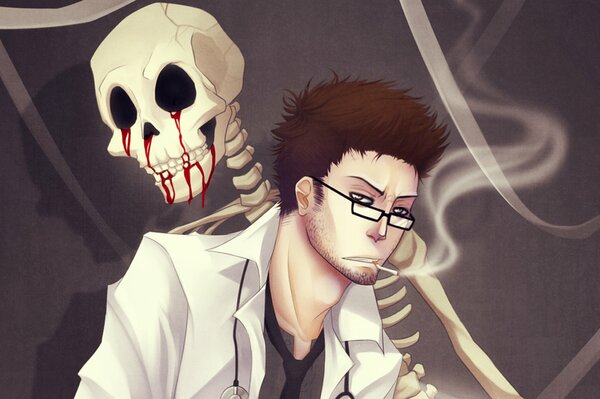 Un homme à lunettes fume et derrière lui un squelette