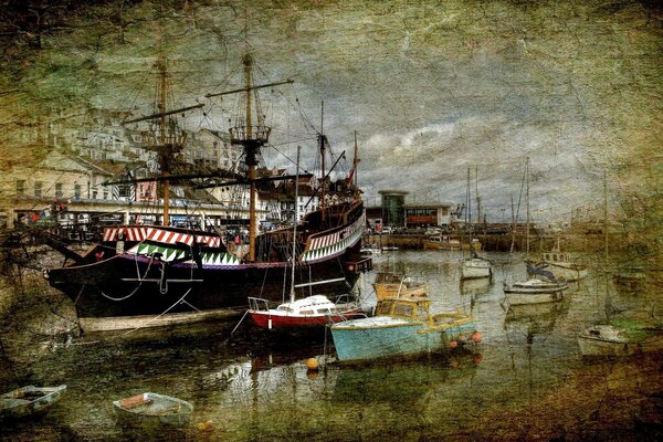 Ships on the river against the background of the city