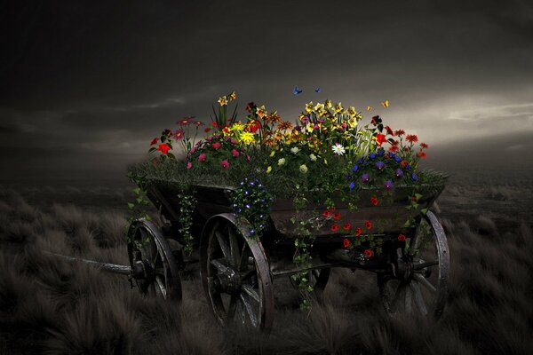 A cart with green grass and bright flowers growing on it against the background of the night sky illuminated by moonlight