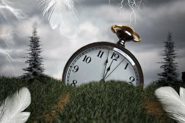 Picture of a clock in a field in a thunderstorm