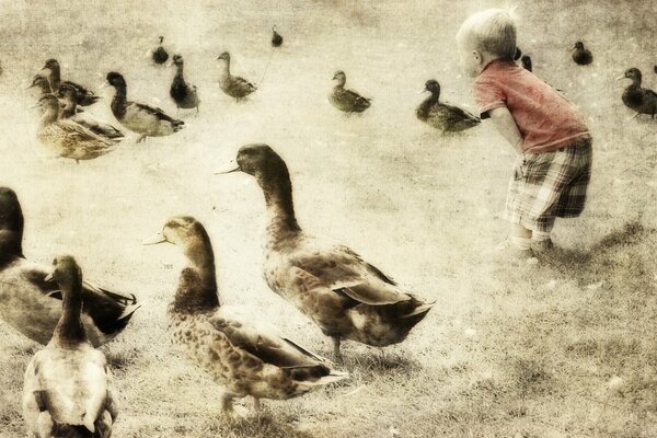 Processed photo where the boy crouched like ducks