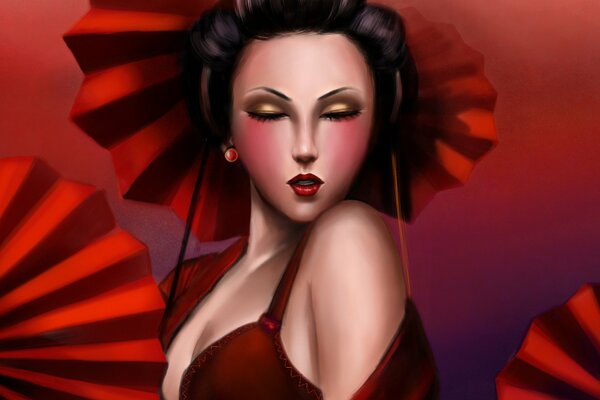 Geisha mit rotem Regenschirm