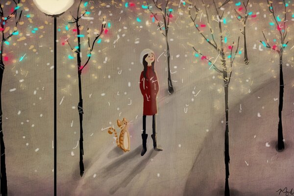 Ilustración de la imagen, una chica con un gato caminando, árboles de invierno bajo la nieve