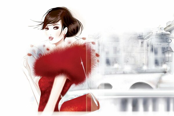 Illustration, a girl in red walks around the city