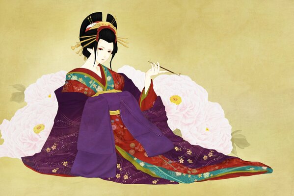 Vívida figura de Geisha en kimono con peonías